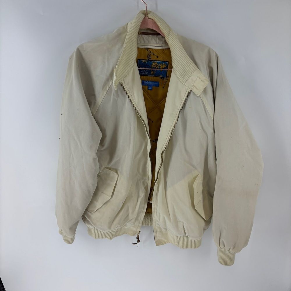 Vintage 80s Catalina Cream Varsity Bomber Jacket with Collared Neckline Mens 38